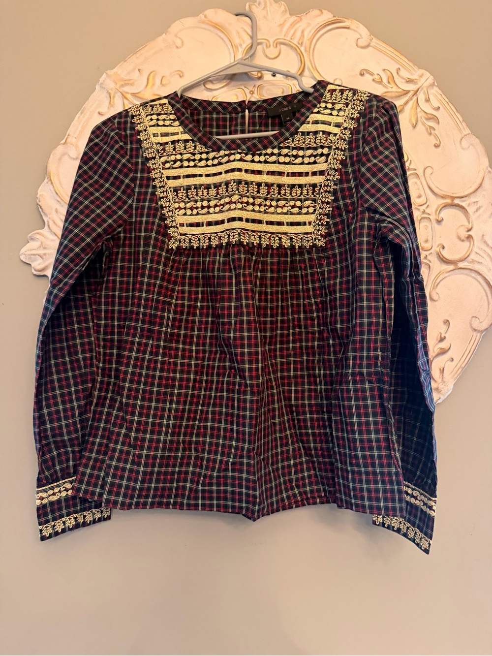 J.Crew XS Embroidered Plaid Peasant Blouse
